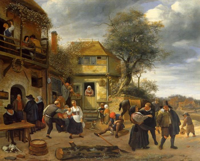 Dancing farmers in front of an inn.