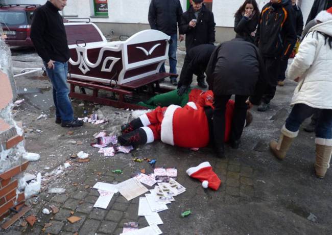 A crashed Santa receives first aid in Poland.