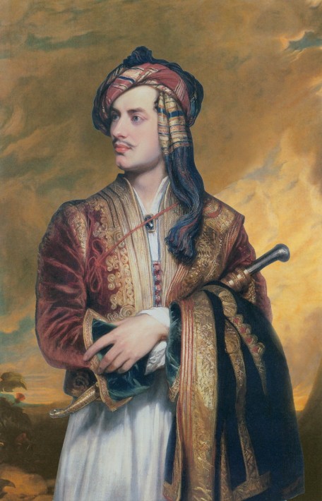 Lord Byron posing in a traditional Albanian outfit.