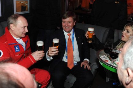 Russian president Putin having a beer with the Dutch King Willem-Alexander in the Holland Heineken House. The same president cut off quite some fans and athletes during the Olympics.