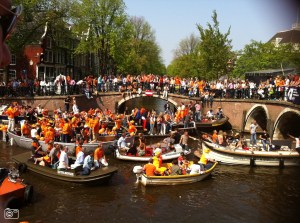 The handrails next to the canals still come in handy. Especially on national holidays like Kingsday.