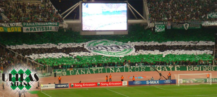 Amazing tifo by Panathinaikos (Greece). They managed to squeeze the name of their fanatic fans Gate 13 into the logo of a famous beer brand.