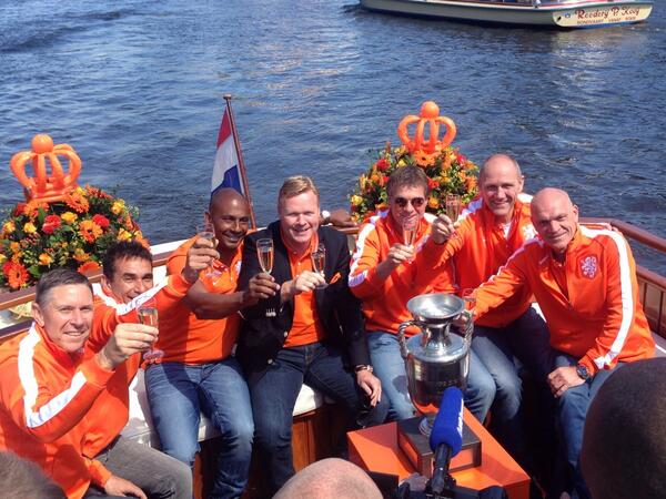 The golden Dutch generation of 1988 raising a glass long before their countrymates face Spain. From left to  right these are Arnold Mühren, Gerald Vanenburg, Aron Winter, Ronald Koeman, Erwin Koeman, Berry van Aerle and Jan Wouters.