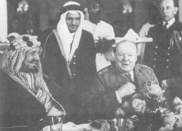 Winston Churchill refuses to eat at the royal banquet of Saudi Arabian king Ibn Saud since no alcohol is served.