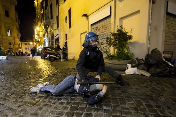 Police violence in Rome against Feyenoord fans.