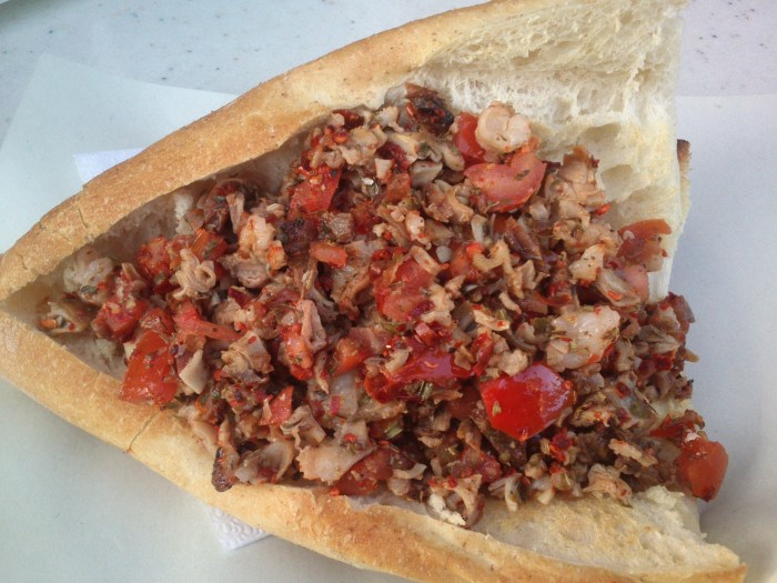 A kokoreç sandwich, the typical hangover cure from Turkey.