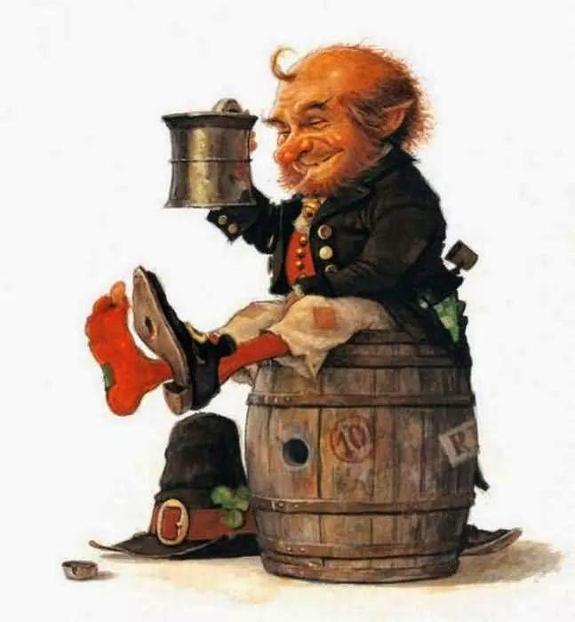 A cluricaun in a typical pose, enjoying the good life in someone's cellar.