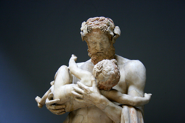 A statue of Silenus with the young God Dionysus on his arm.