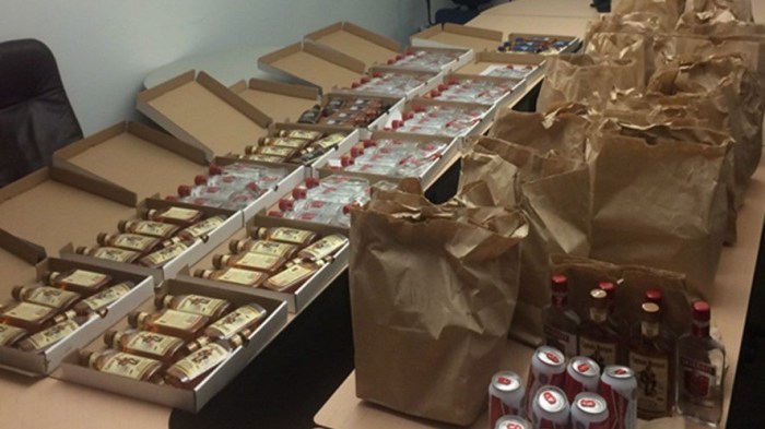 Beer cans and whisky bottles found  in a pizza place in Edmonton, Canada.