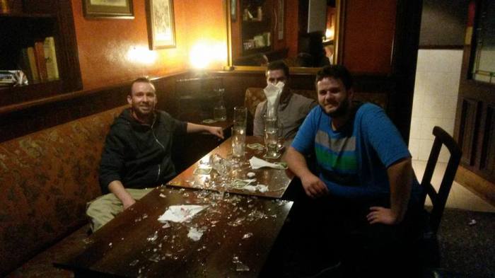 When creators and smashers meet it can get messy. This mighty fortress made out of beer glasses was transformed into a ruin.