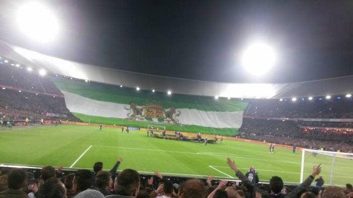 Stadium De Kuip from the inside at an evening match.